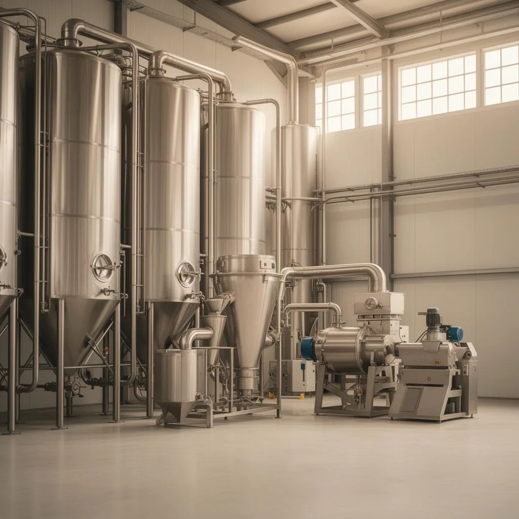 Interior de fábrica de nutrição animal com silos metálicos e luz natural