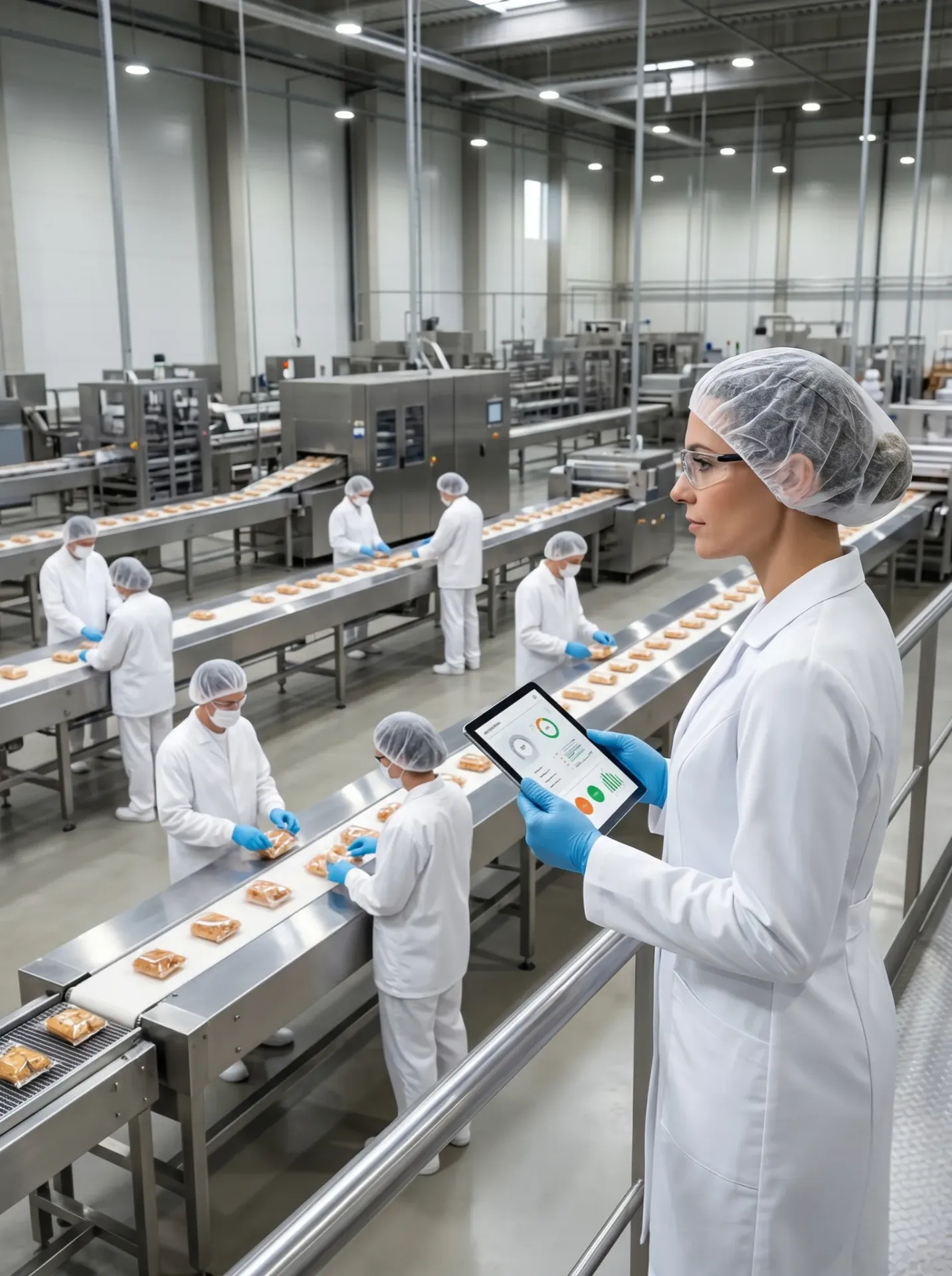 Inspetora de qualidade verificando linha de produção em indústria de alimentos